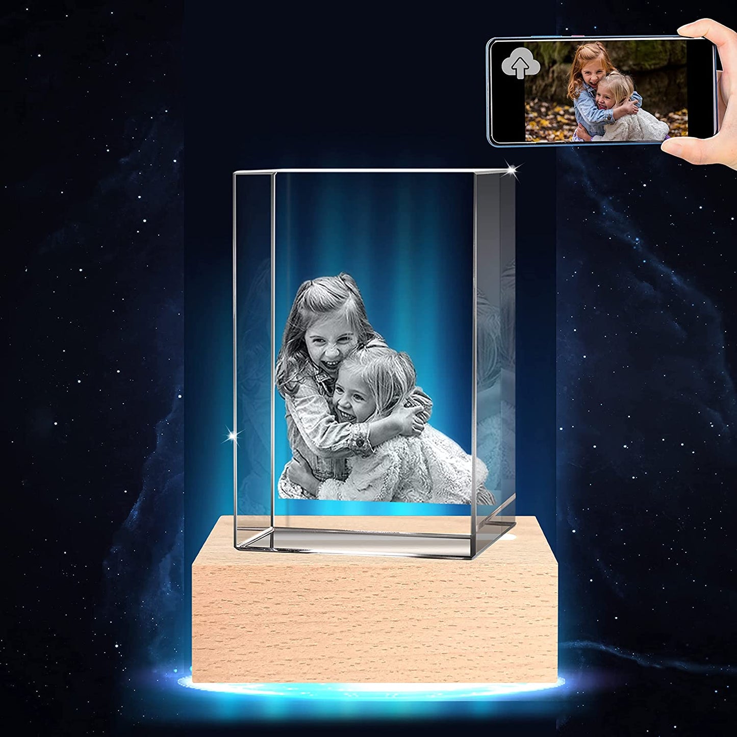 Custom 3D Crystal Photo, Laser Engraved, with LED Light Base