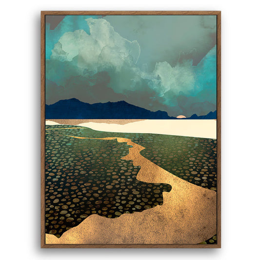 Storm in Yellow River - Nordic Scandinavia Abstract Color Wall Art on Wood Stretched Canvas with Frame for Vintage Home Decor