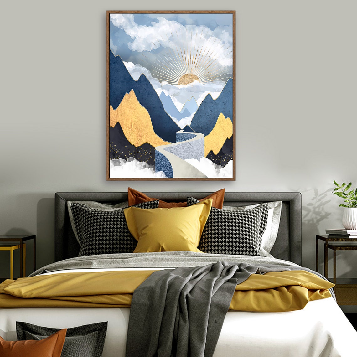 Path in the Valley - Nordic Scandinavia Abstract Color Wall Art on Wood Stretched Canvas with Frame for Vintage Home Decor