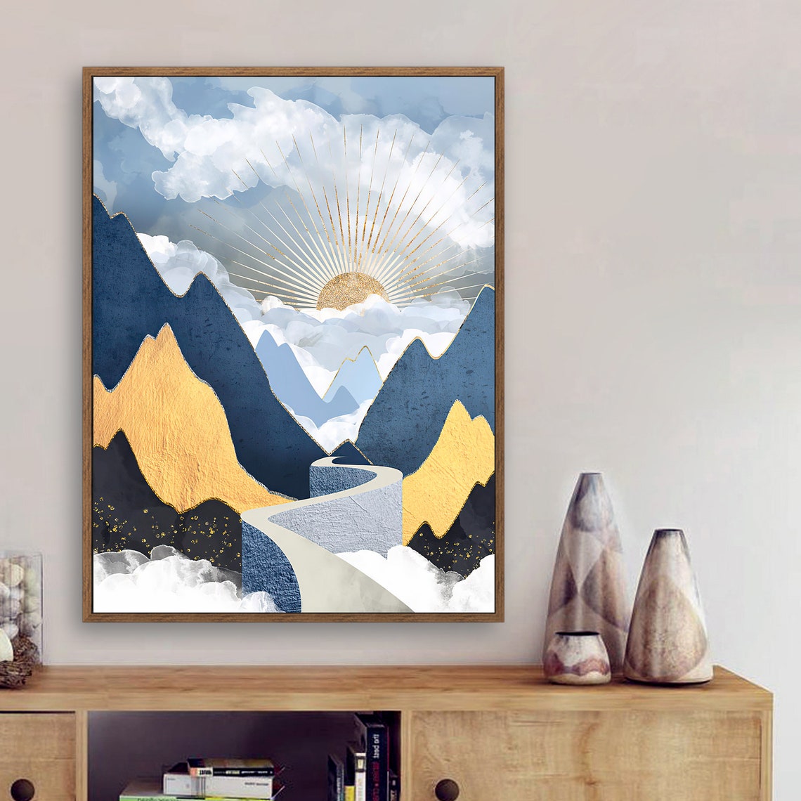 Path in the Valley - Nordic Scandinavia Abstract Color Wall Art on Wood Stretched Canvas with Frame for Vintage Home Decor