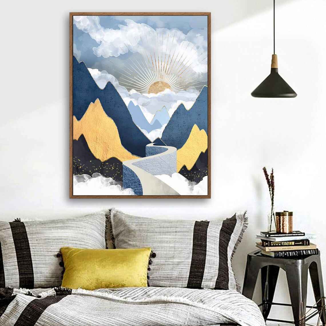 Path in the Valley - Nordic Scandinavia Abstract Color Wall Art on Wood Stretched Canvas with Frame for Vintage Home Decor
