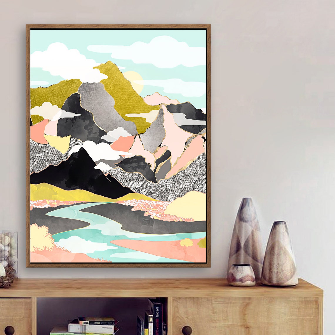 Sunshine Canyon- Nordic Scandinavia Abstract Color Wall Art on Wood Stretched Canvas with Frame for Vintage Home Decor - Texture Of Dreams