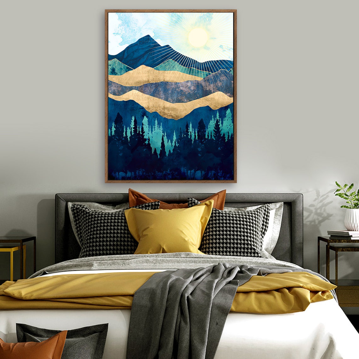 Dawn in The Forest - Nordic Scandinavia Abstract Color Wall Art on Wood Stretched Canvas with Frame for Vintage Home Decor