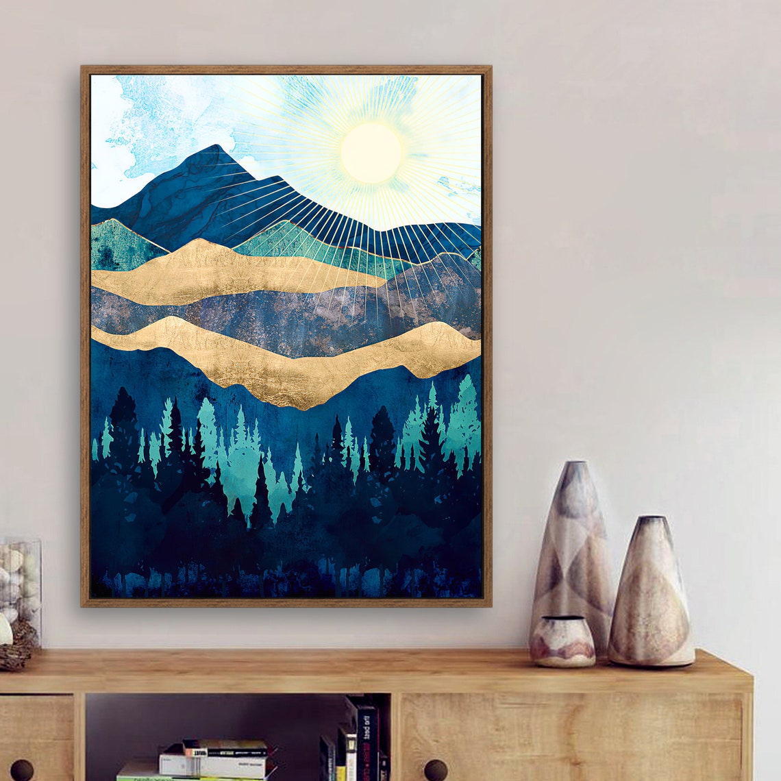 A Night in The Forest - Nordic Scandinavia Abstract Color Wall Art on Wood Stretched Canvas with Frame for Vintage Home Decor