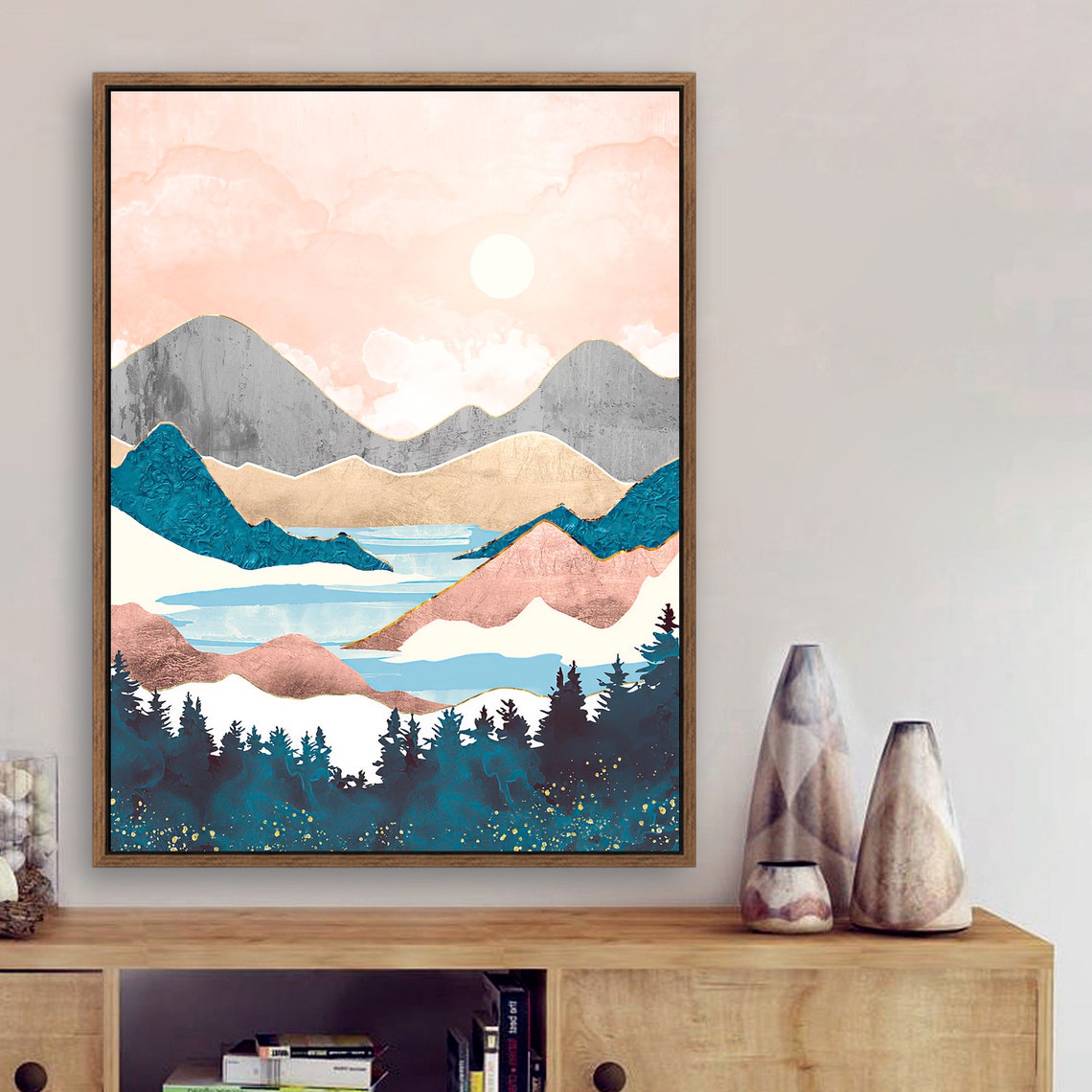 Pink Sky Valley - Nordic Scandinavia Abstract Color Wall Art on Wood Stretched Canvas with Frame for Vintage Home Decor - Texture Of Dreams