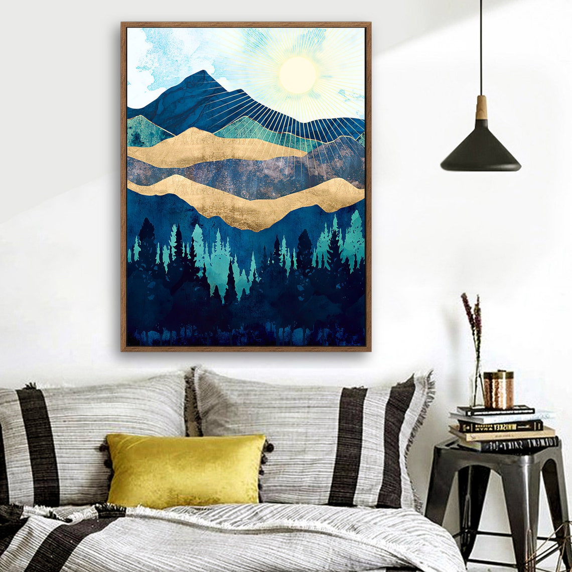 Dawn in The Forest - Nordic Scandinavia Abstract Color Wall Art on Wood Stretched Canvas with Frame for Vintage Home Decor