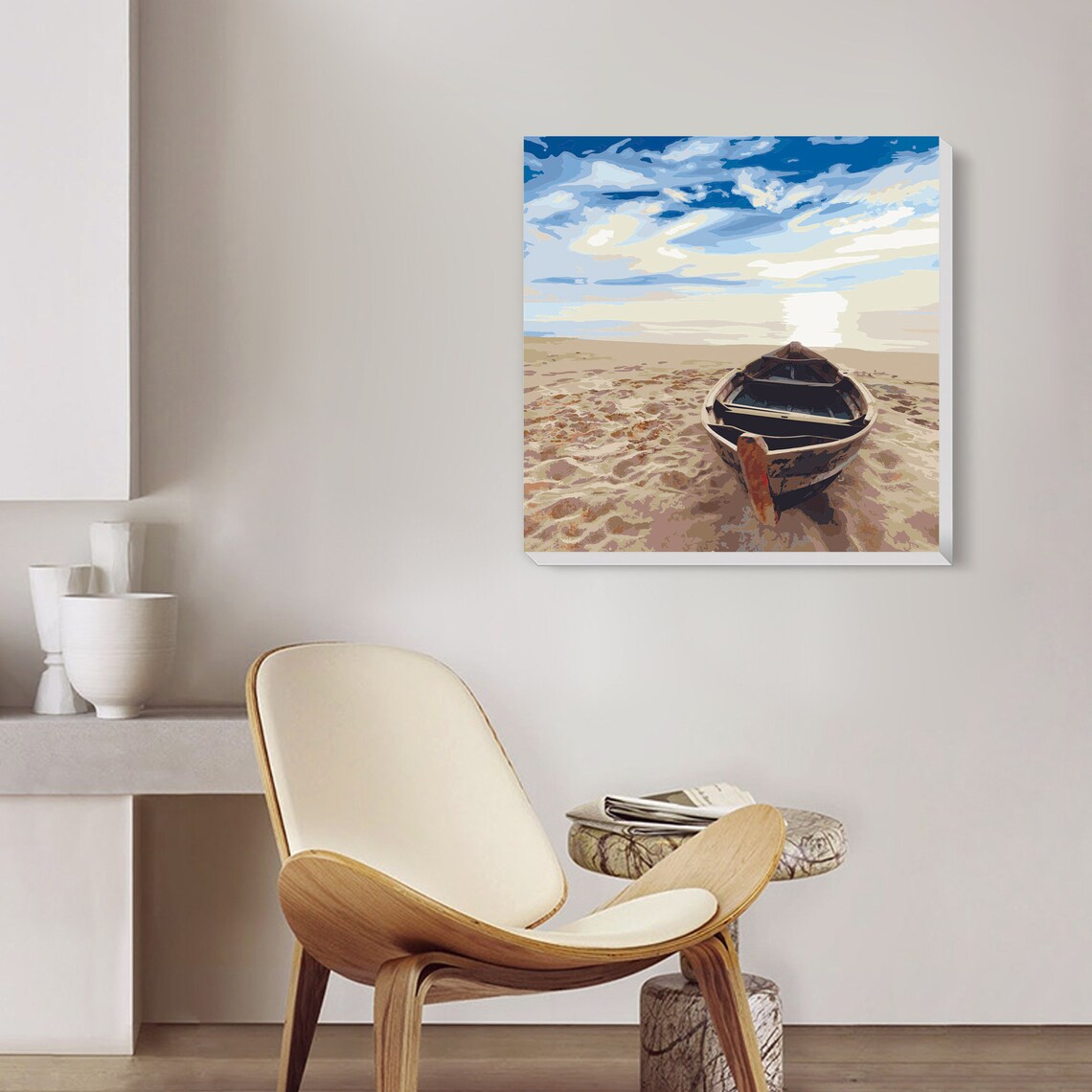 Boat on Beach - Paint by Number Kit DIY Oil Painting Kit on Wood Stretched Canvas 14"x14"
