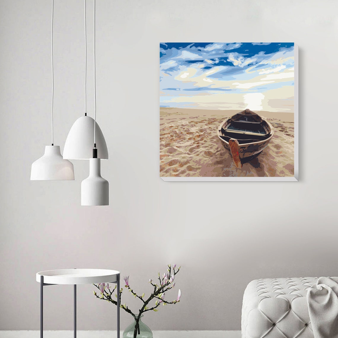 Boat on Beach - Paint by Number Kit DIY Oil Painting Kit on Wood Stretched Canvas 14"x14"