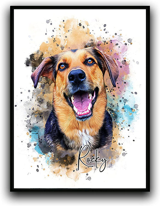 Custom Dog/Cat/Pet Portrait Cartoon Watercolor Effect Photo Paints on Canvas with Your Uploads Wall Art for Home Decoration, Personalized Memorial Gift for Pet Lovers
