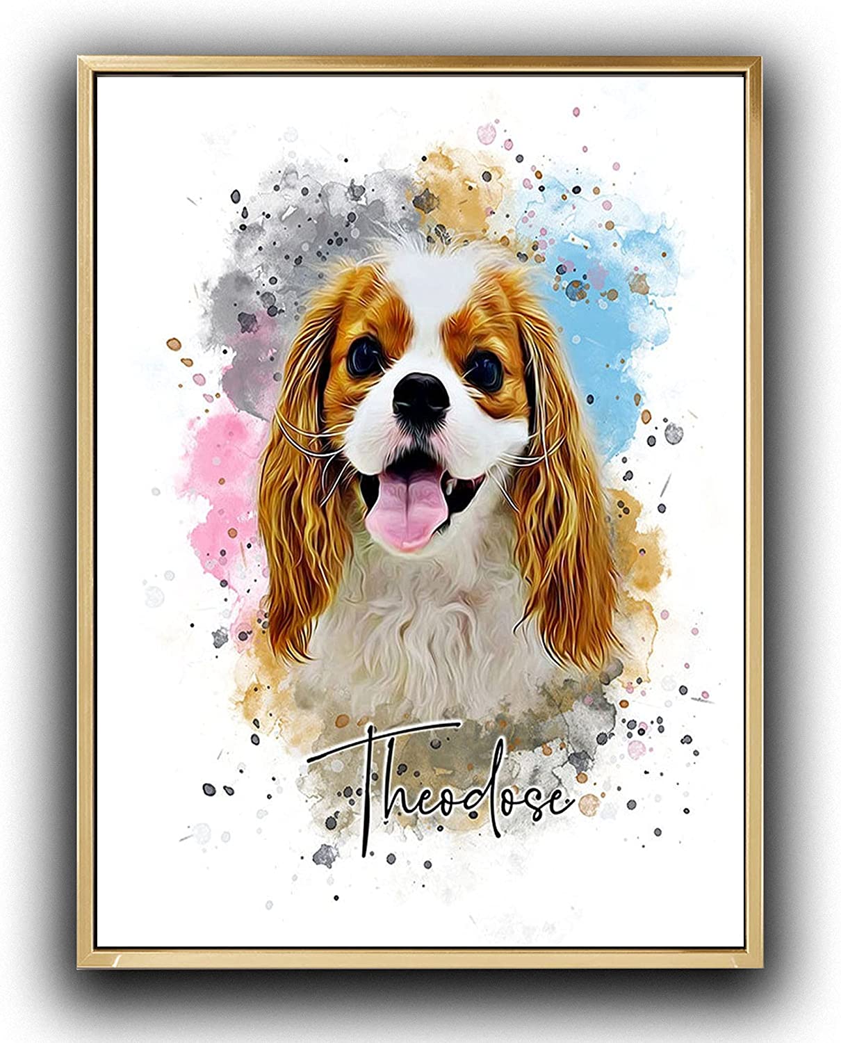 Custom Dog/Cat/Pet Portrait Cartoon Watercolor Effect Photo Paints on Canvas with Your Uploads Wall Art for Home Decoration, Personalized Memorial Gift for Pet Lovers