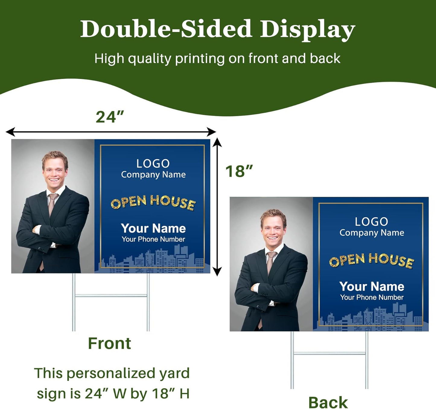 Custom Yard Signs with Stakes for Outdoor, 24" x 18" One Side or Double Sided, Waterproof Yard sign stands for Party, Business, Real Estate, Graduation, Birthday decorations… (Real Estate Theme)