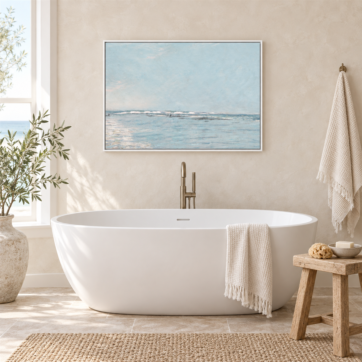 Quiet Beach, White Framed Coastal Canvas Wall Art