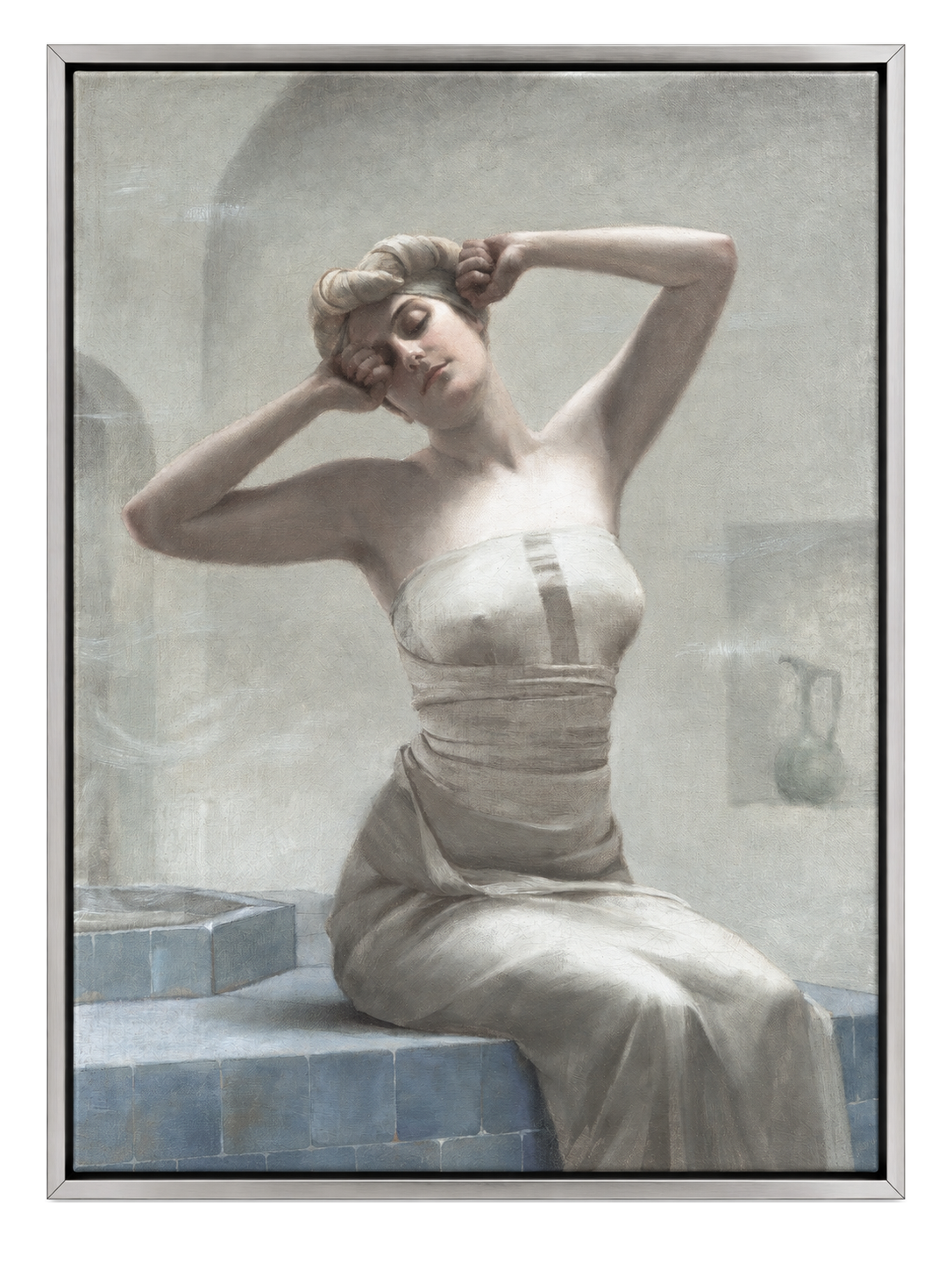 Quiet Moment, Silver Framed Vintage Woman Portrait Canvas Wall Art