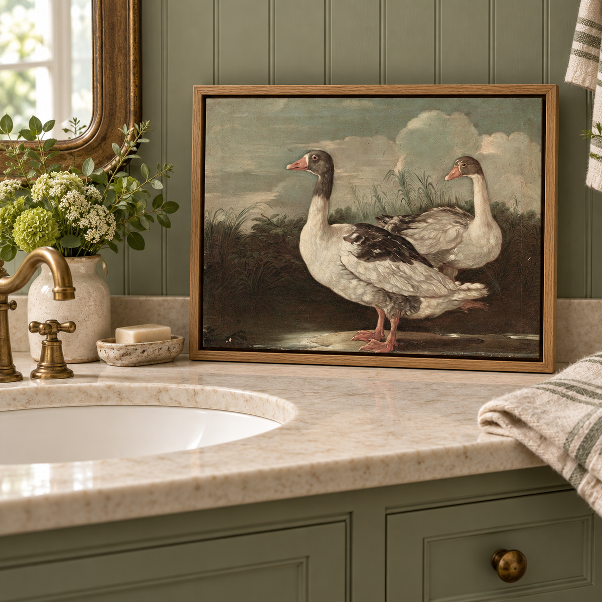 Country Geese, Wood Framed Vintage Bird Canvas Wall Art