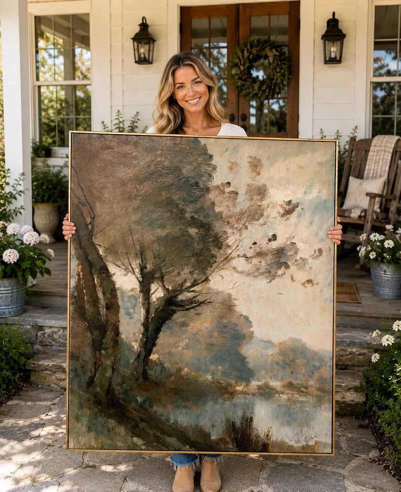 Riverside Woodland Scene, Framed Landscape Canvas Wall Art, Neutral Nature Decor