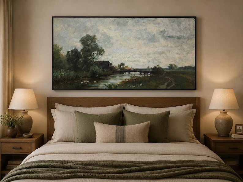 Riverside Country, Framed Summer Landscape Canvas Art, Vintage Countryside Painting