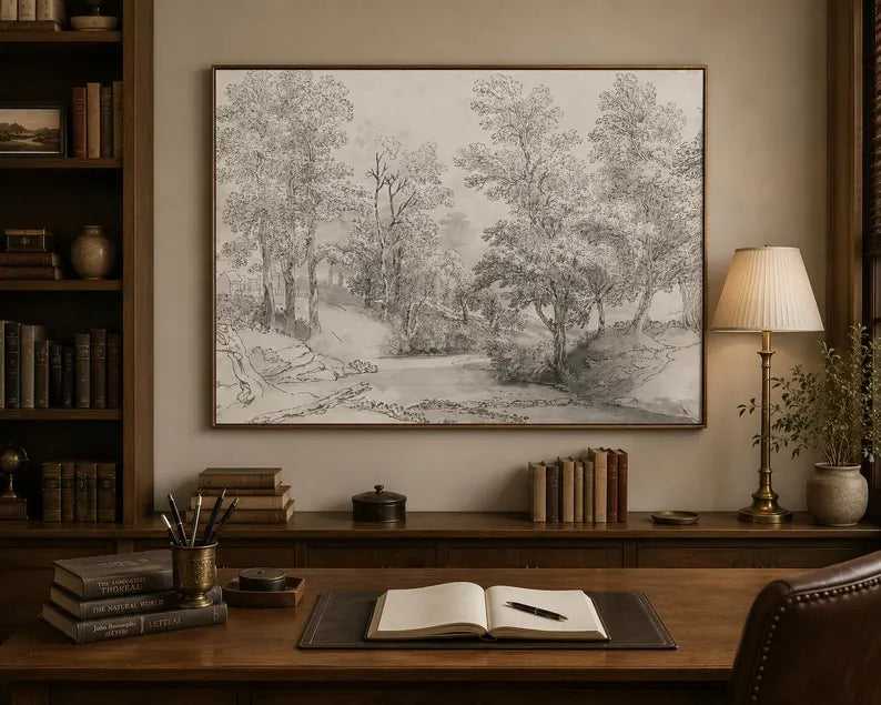 Vintage Woodland Sketch, Framed Landscape Canvas Wall Art, Neutral Nature Decor