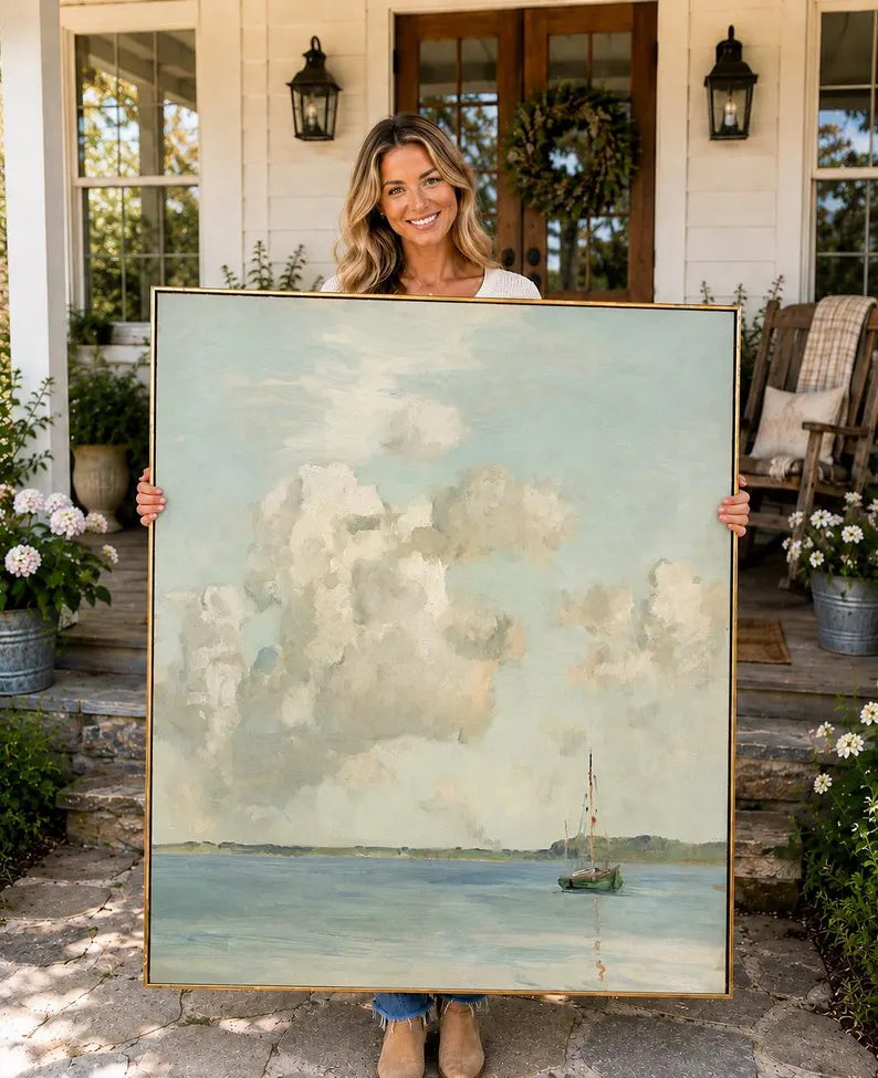 Ocean Clounds, Framed Landscape Canvas Wall Art, Neutral Nature Decor
