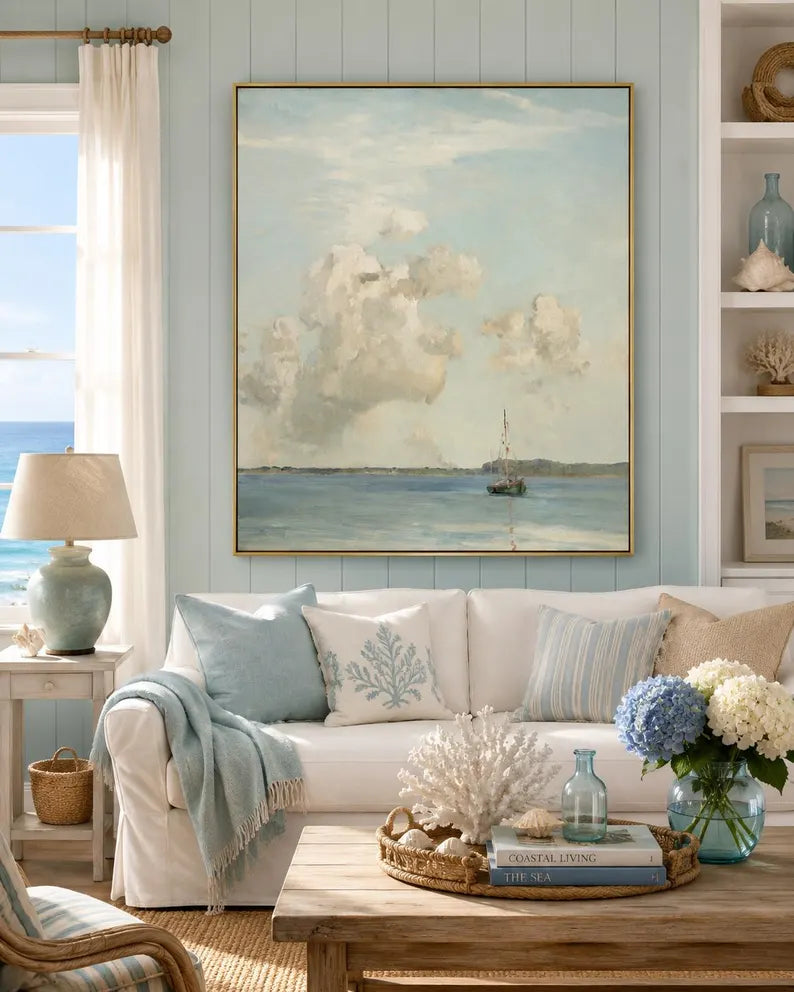 Ocean Clounds, Framed Landscape Canvas Wall Art, Neutral Nature Decor