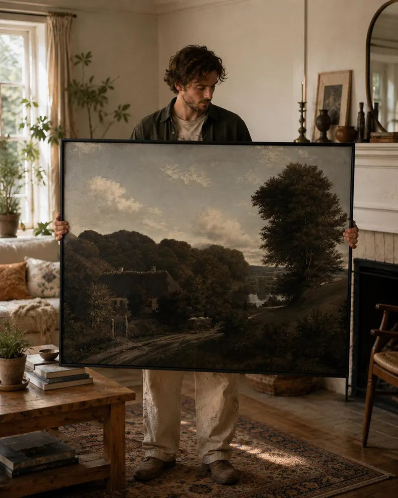 English Oak House, Framed Landscape Canvas Wall Art, Neutral Nature Decor