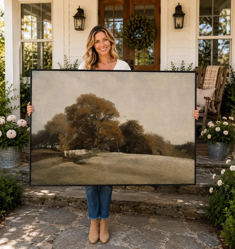 Autumn Countryside, Framed Landscape Canvas Wall Art, Neutral Nature Decor