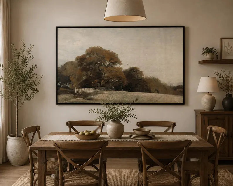 Autumn Countryside, Framed Landscape Canvas Wall Art, Neutral Nature Decor