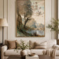 Riverside Woodland Scene, Framed Landscape Canvas Wall Art, Neutral Nature Decor