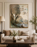 Riverside Woodland Scene, Framed Landscape Canvas Wall Art, Neutral Nature Decor