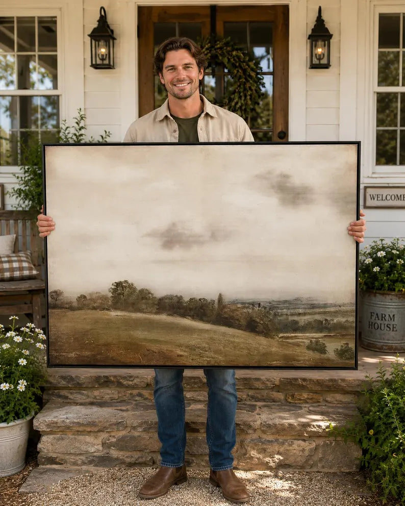 Rolling Hills Panorama, Framed Landscape Canvas Wall Art, Neutral Nature Decor