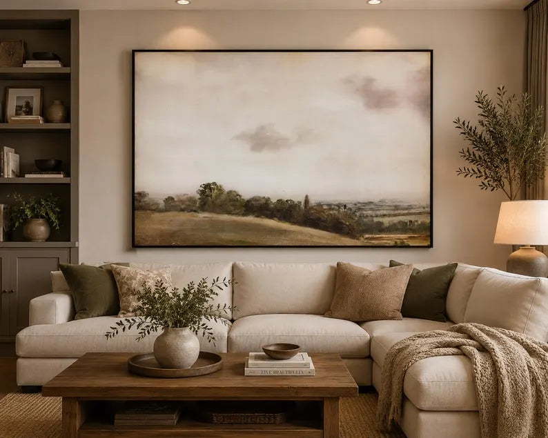 Rolling Hills Panorama, Framed Landscape Canvas Wall Art, Neutral Nature Decor