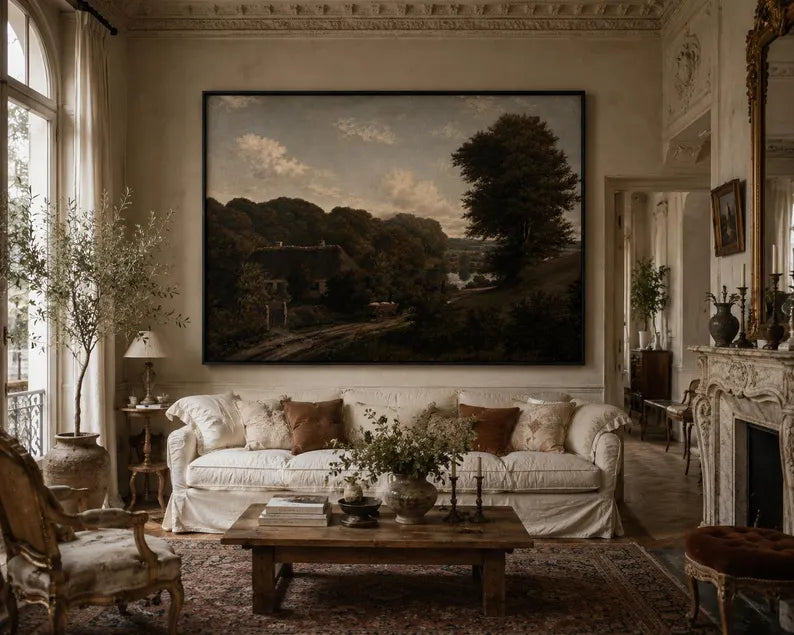 English Oak House, Framed Landscape Canvas Wall Art, Neutral Nature Decor
