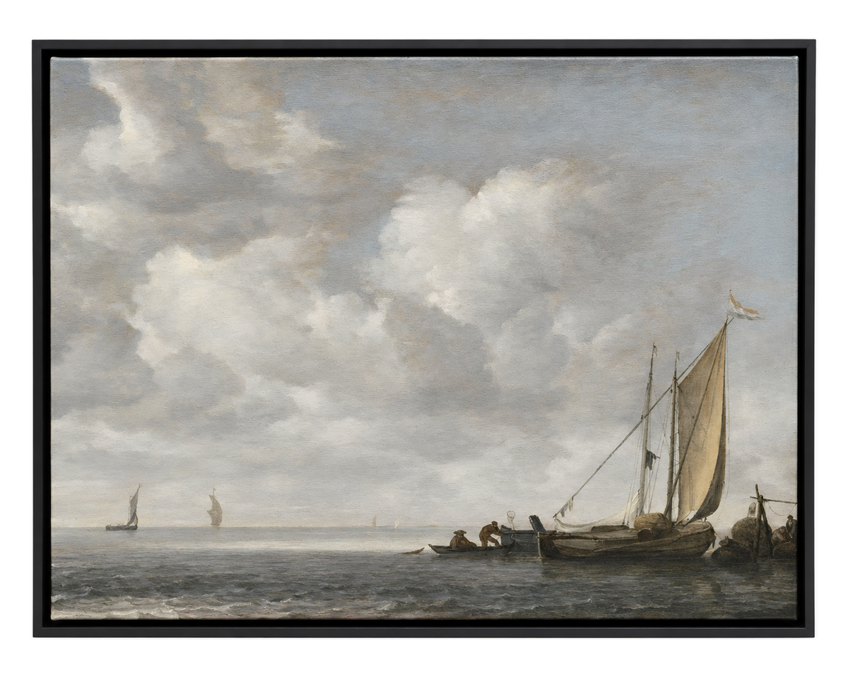Sailboats at the Shore, Black Framed Vintage Coastal Canvas Wall Art