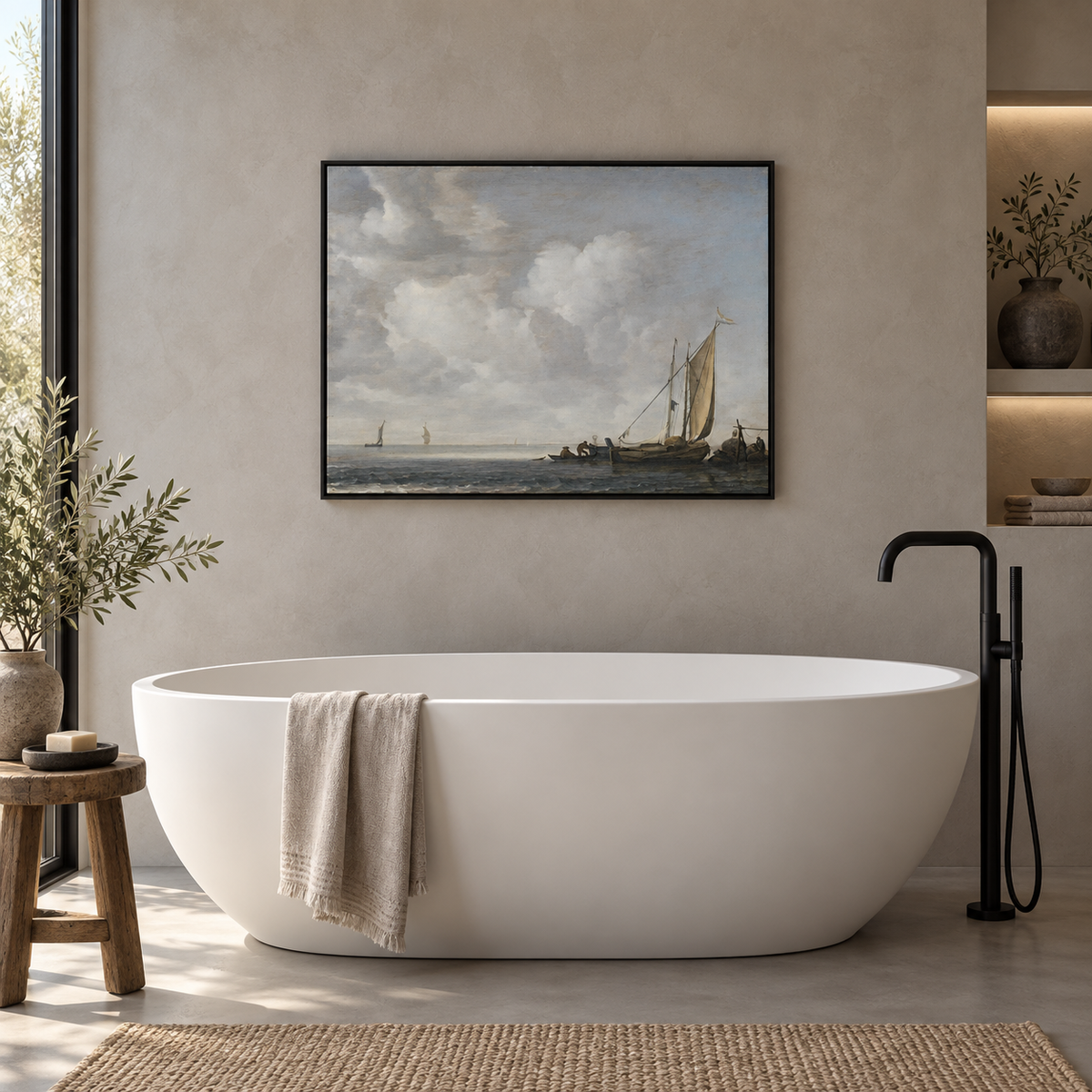 Sailboats at the Shore, Black Framed Vintage Coastal Canvas Wall Art