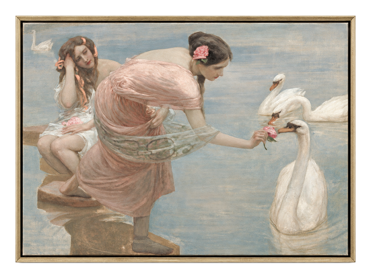 Women and Swans, Gold Framed Romantic Vintage Canvas Wall Art