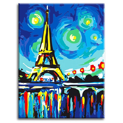 Paris Starry Night (Eiffel) - Paint by Number Kit DIY Oil Painting Kit on Wood Stretched Canvas 12"x16" - Texture Of Dreams 
