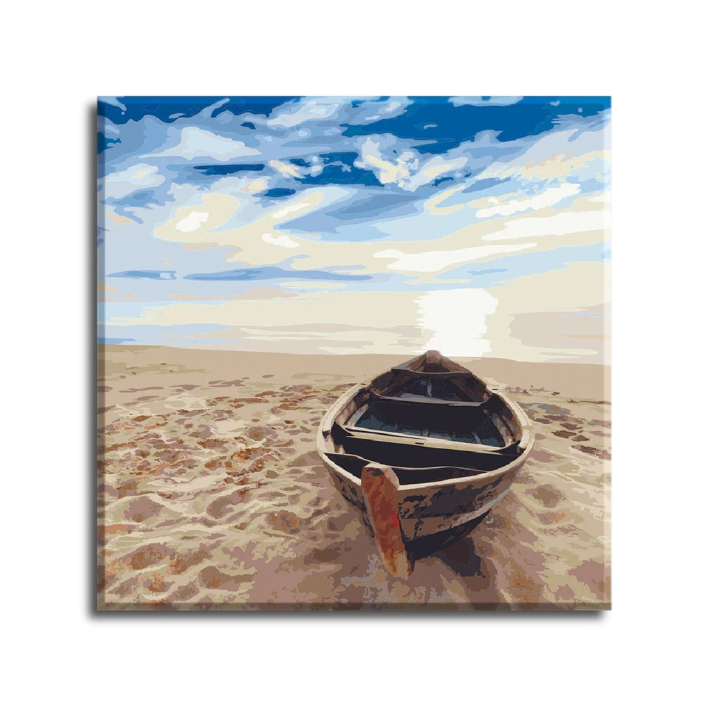 Boat on Beach - Paint by Number Kit DIY Oil Painting Kit on Wood Stretched Canvas 14"x14" - Texture Of Dreams 