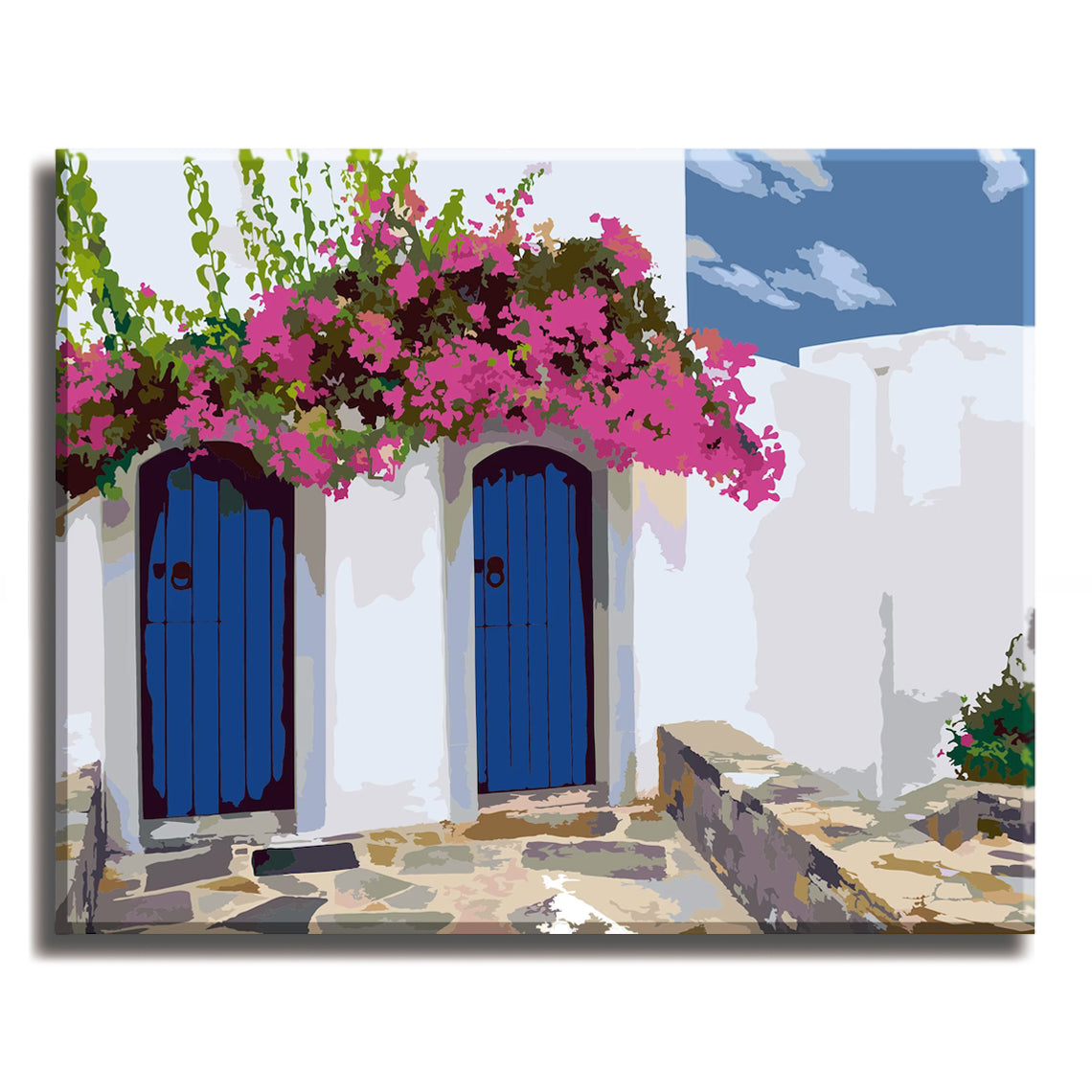 Greek House - Paint by Number Kit DIY Oil Painting on Wood Stretched Canvas 16x20 inches - Texture Of Dreams 