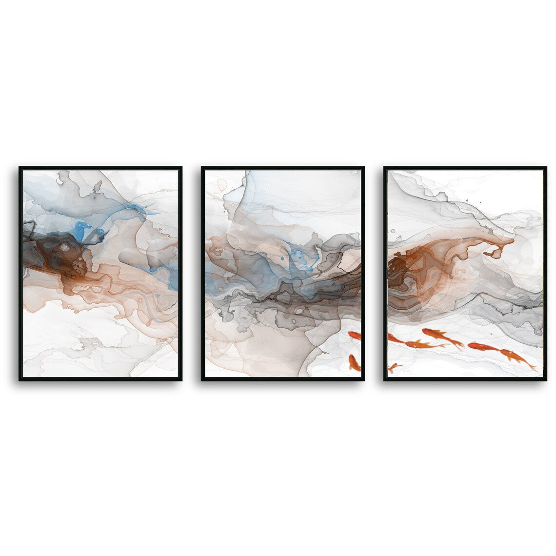 Abstract Watercolor Koi Fish Pond Fantastic Japanese Zen / Chinese Tai Chi Canvas Wall Art, Vivid Color Painting for Wall Decor, Set of 3 Panels or 1 Panorama View - Texture Of Dreams 