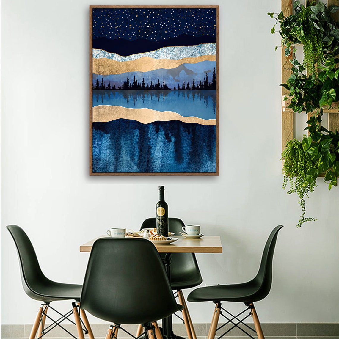 A Night in The Forest - Nordic Scandinavia Abstract Color Wall Art on Wood Stretched Canvas with Frame for Vintage Home Decor