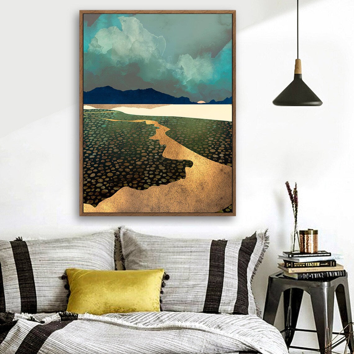 Storm in Yellow River - Nordic Scandinavia Abstract Color Wall Art on Wood Stretched Canvas with Frame for Vintage Home Decor - Texture Of Dreams 