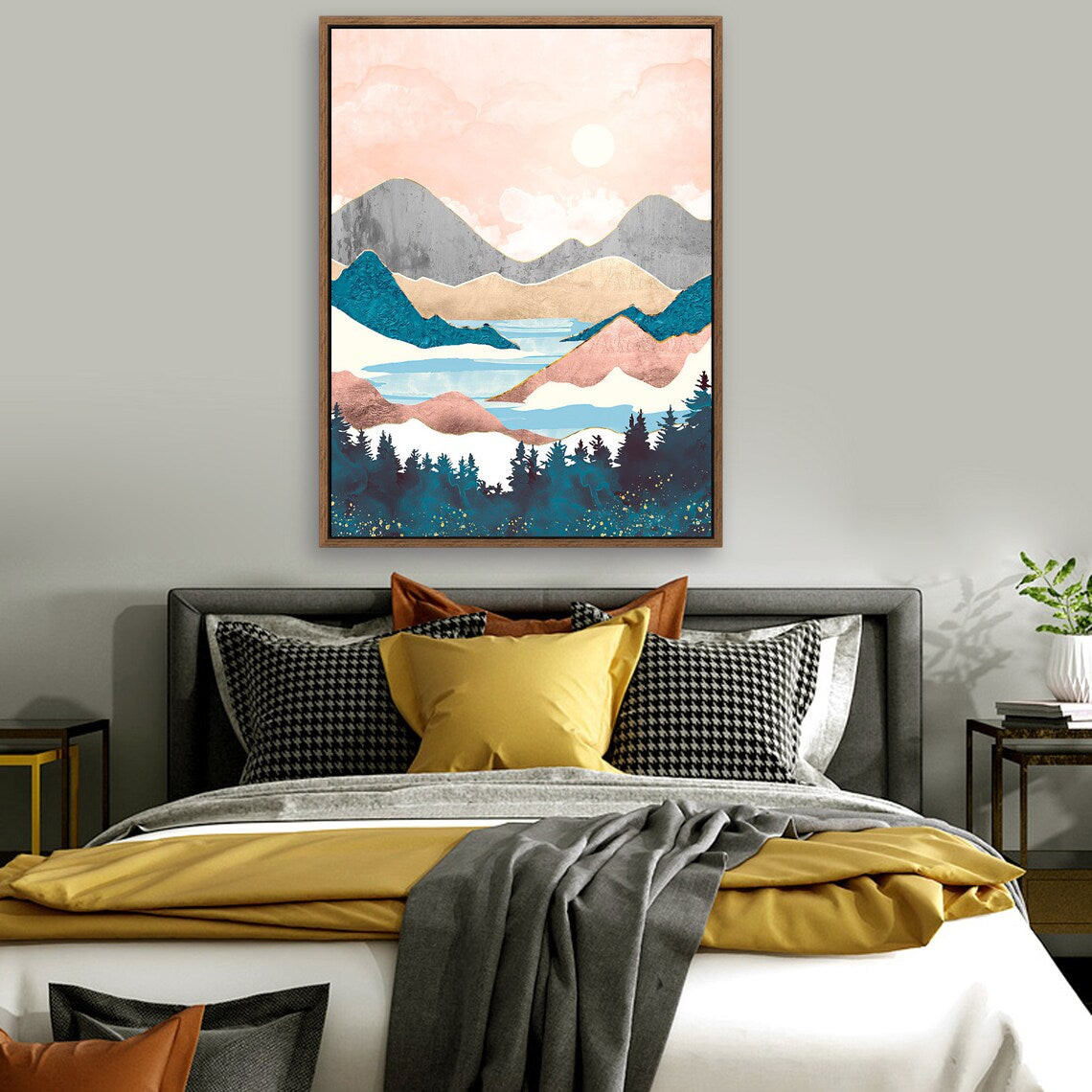 Pink Sky Valley - Nordic Scandinavia Abstract Color Wall Art on Wood Stretched Canvas with Frame for Vintage Home Decor - Texture Of Dreams 
