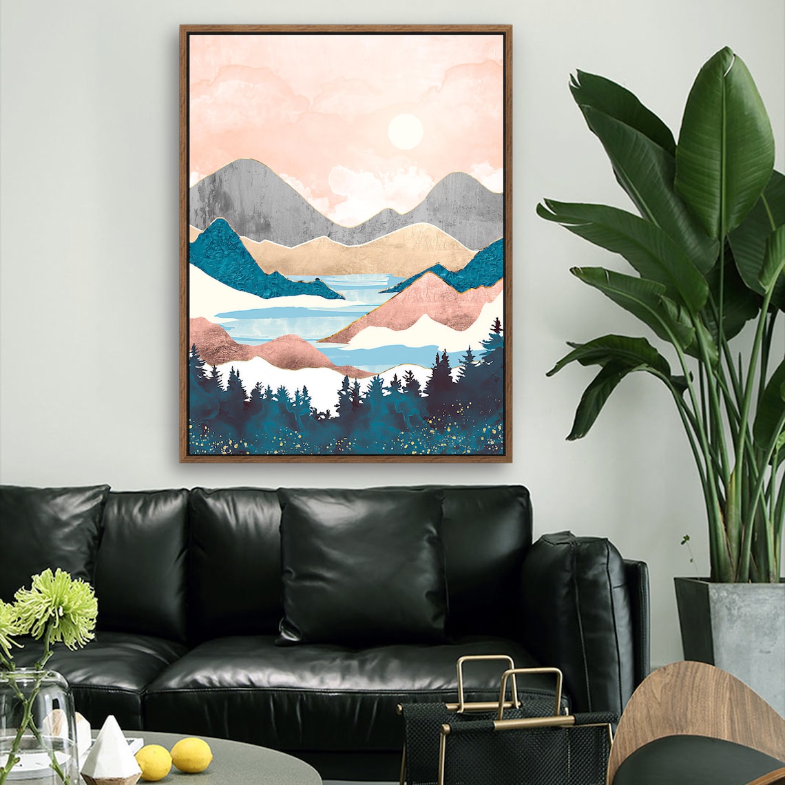 Pink Sky Valley - Nordic Scandinavia Abstract Color Wall Art on Wood Stretched Canvas with Frame for Vintage Home Decor - Texture Of Dreams 
