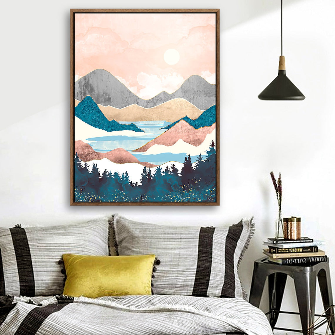 Pink Sky Valley - Nordic Scandinavia Abstract Color Wall Art on Wood Stretched Canvas with Frame for Vintage Home Decor - Texture Of Dreams 