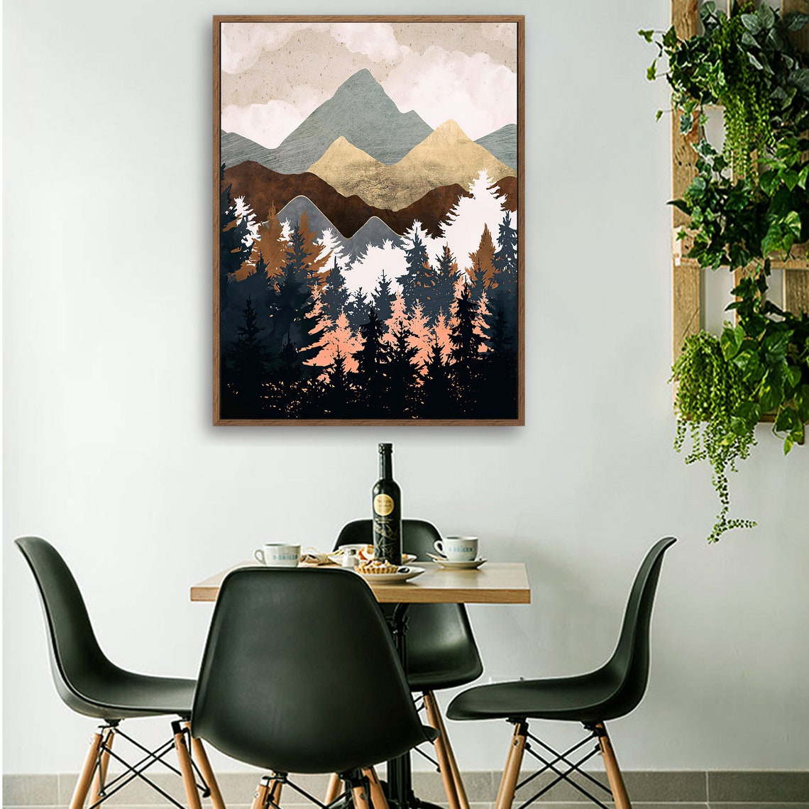 Mountains by the Forest - Nordic Scandinavia Abstract Color Wall Art on Wood Stretched Canvas with Frame for Vintage Home Decor - Texture Of Dreams 