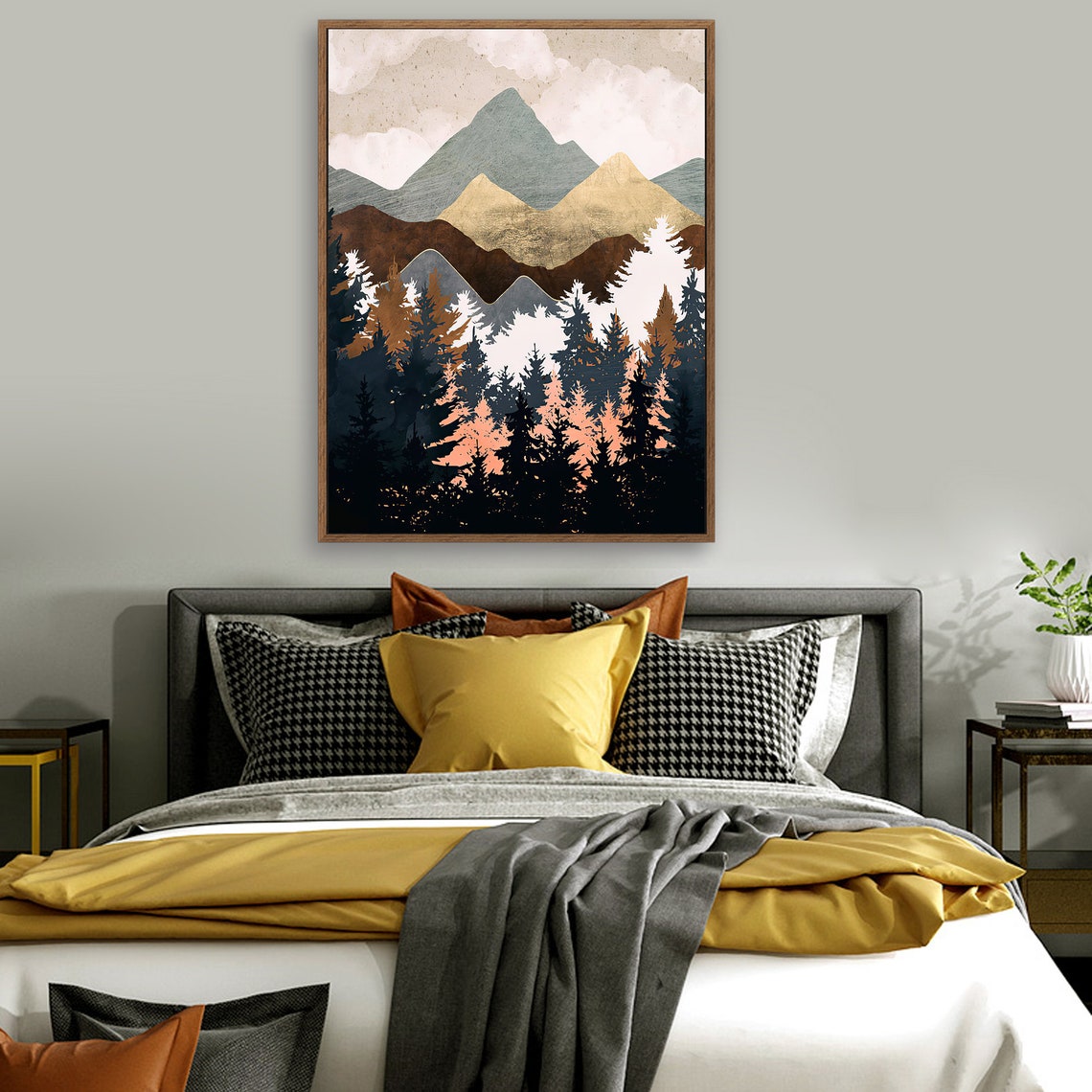Mountains by the Forest - Nordic Scandinavia Abstract Color Wall Art on Wood Stretched Canvas with Frame for Vintage Home Decor - Texture Of Dreams 