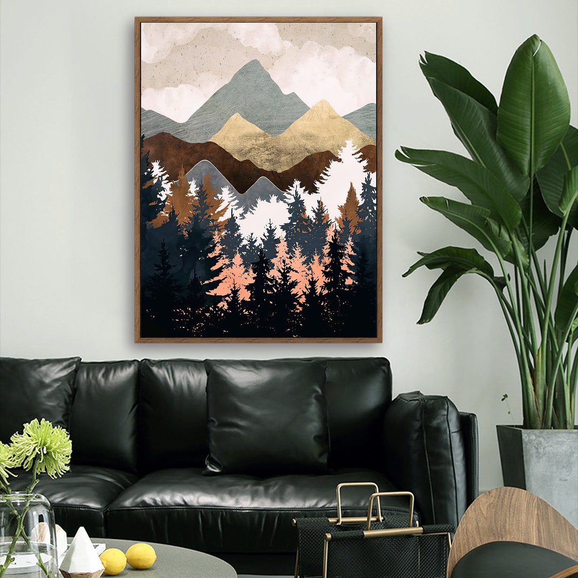 Mountains by the Forest - Nordic Scandinavia Abstract Color Wall Art on Wood Stretched Canvas with Frame for Vintage Home Decor - Texture Of Dreams 