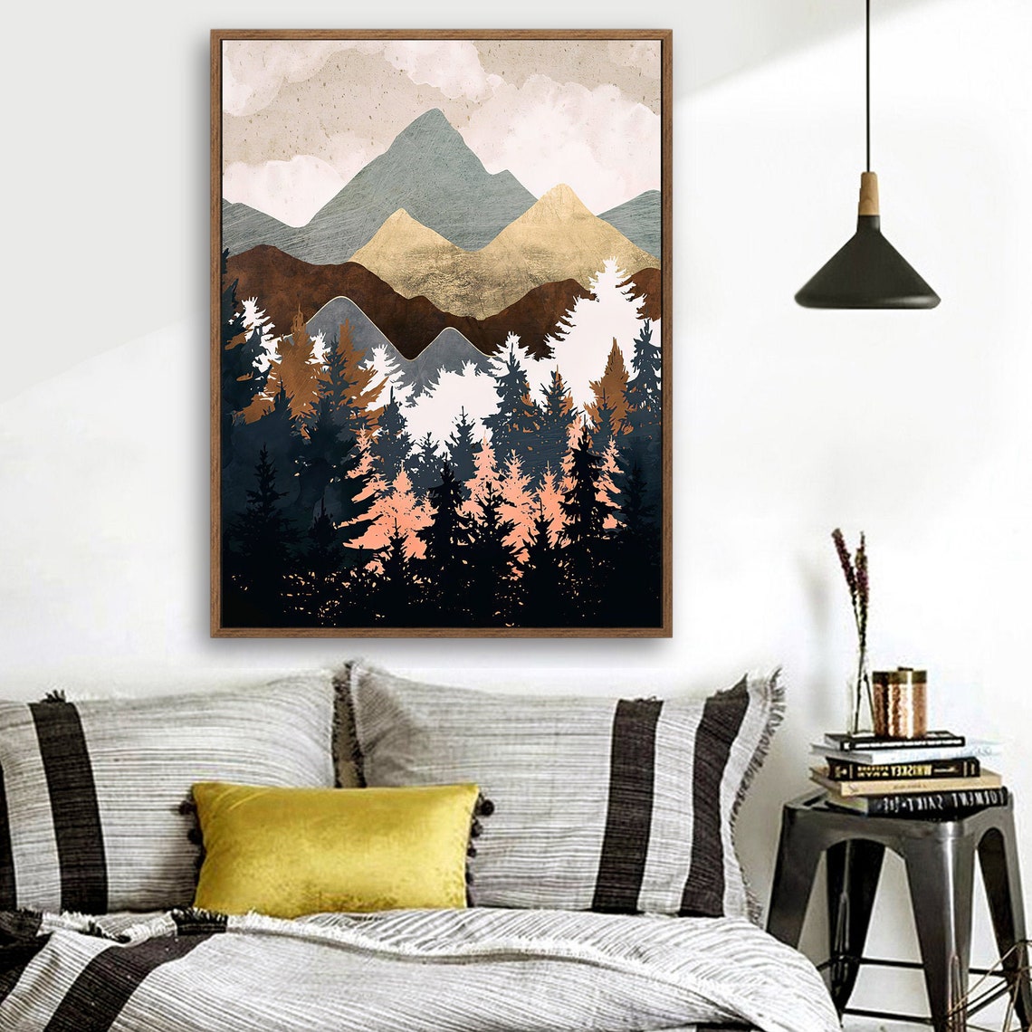 Mountains by the Forest - Nordic Scandinavia Abstract Color Wall Art on Wood Stretched Canvas with Frame for Vintage Home Decor - Texture Of Dreams 