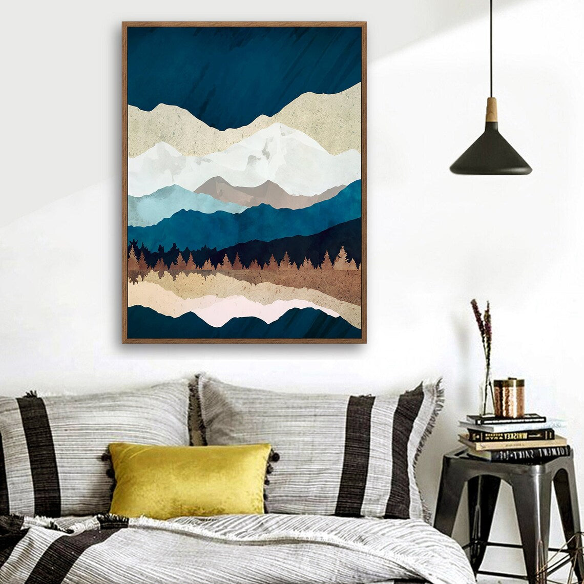 Night Fall - Nordic Scandinavia Abstract Color Wall Art on Wood Stretched Canvas with Frame for Vintage Home Decor