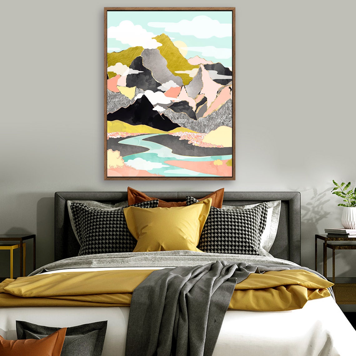 Sunshine Canyon- Nordic Scandinavia Abstract Color Wall Art on Wood Stretched Canvas with Frame for Vintage Home Decor - Texture Of Dreams 