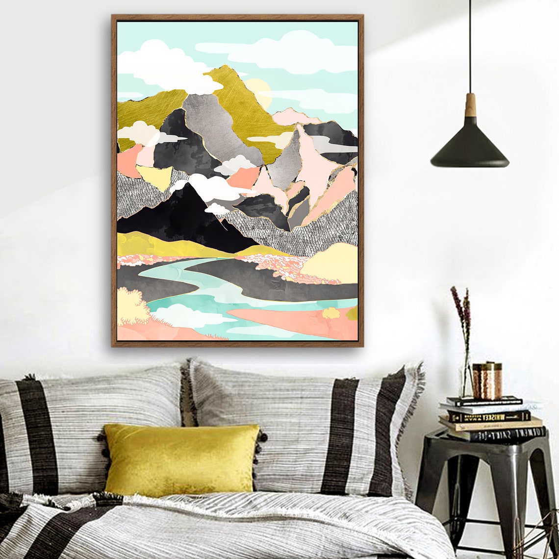 Sunshine Canyon- Nordic Scandinavia Abstract Color Wall Art on Wood Stretched Canvas with Frame for Vintage Home Decor